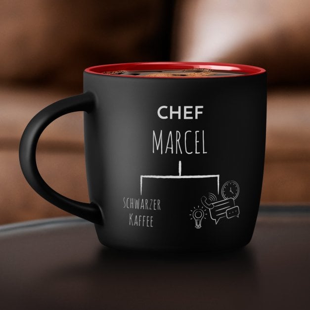 Keramikbecher mit Gravur Schwarz/Matt und Rot für einen Geschäftsführer Ihren Chef zum Ehrentag