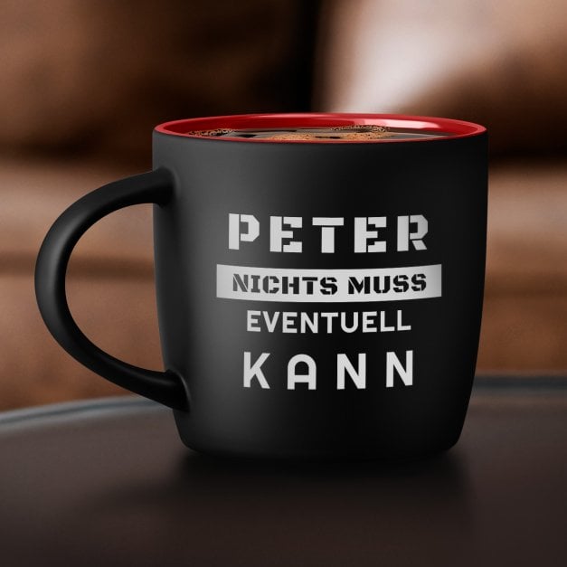 Keramikbecher mit Gravur Schwarz/Matt und Rot für einen Rentnerr Diplomingenieur zum Geburtstag