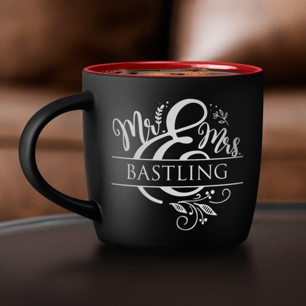 Keramikbecher mit Gravur Schwarz/Matt und Rot für ein Brautpaar zur Hochzeit ein Paar zum Hochzeitstag Einzug