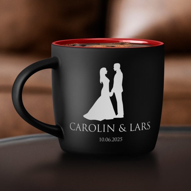 Keramikbecher mit Gravur Schwarz/Matt und Rot für eine Ehefrau einen Ehemann zur Hochzeit zum Hochzeitstag