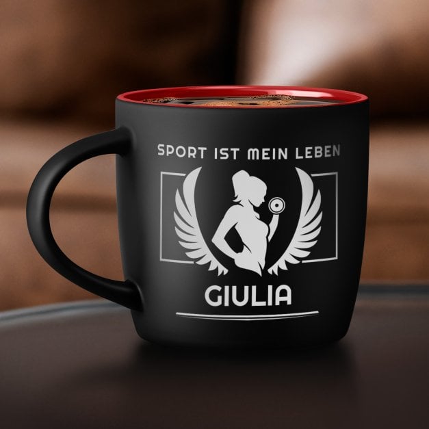 Keramikbecher mit Gravur Schwarz/Matt und Rot für eine Fitness-Enthusiastin Sportlerin zum Ehrentag