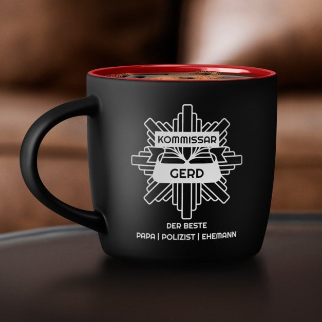 Keramikbecher mit Gravur Schwarz/Matt und Rot für einen Polizisten Papa Ehemann