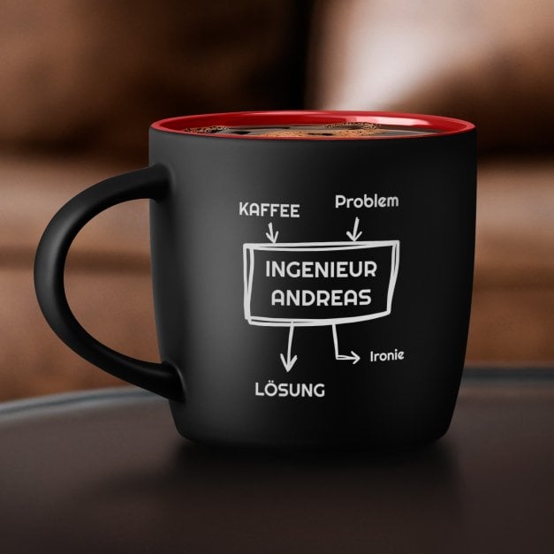 Keramikbecher mit Gravur Schwarz/Matt und Rot für einen Ingenieur