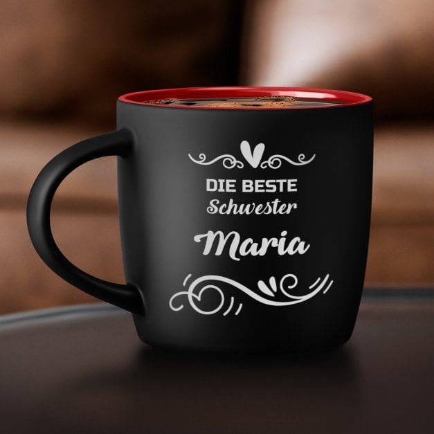Keramikbecher mit Gravur Schwarz/Matt und Rot für Ihre Schwester zum Ehrentag