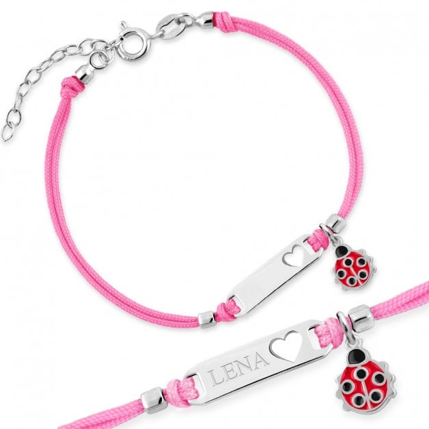 ID Kordelarmband mit Marienkäfer-Anhänger aus 925er Silber in exklusiver Geschenkbox mit Gravur