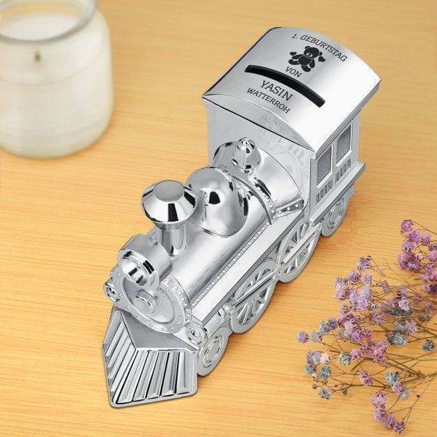 Versilberte Eisenbahn-Sparbüchse mit Gravur für einen Jungen zum 1. Geburtstag