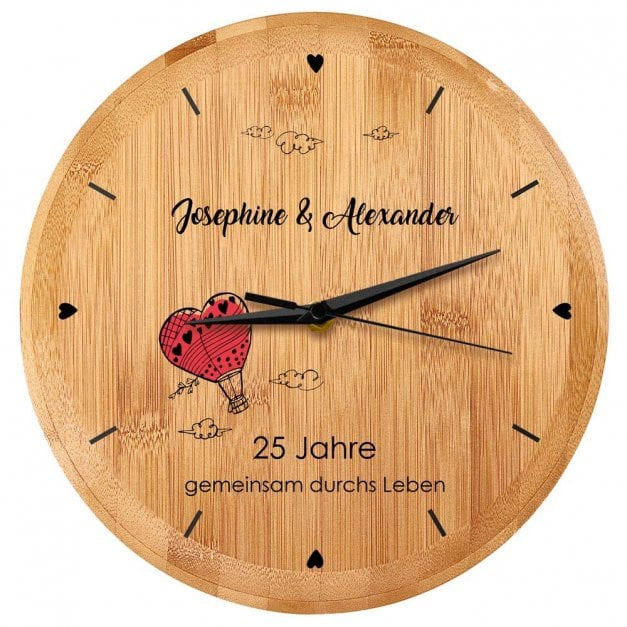 Bambus Wanduhr mit Aufdruck für ein Paar zum 25. Hochzeitstag