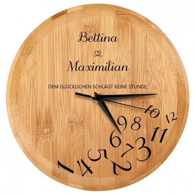 Bambus Wanduhr mit Aufdruck für ein Paar zur Hochzeit, zum Jubiläum, zur Einweihungsparty