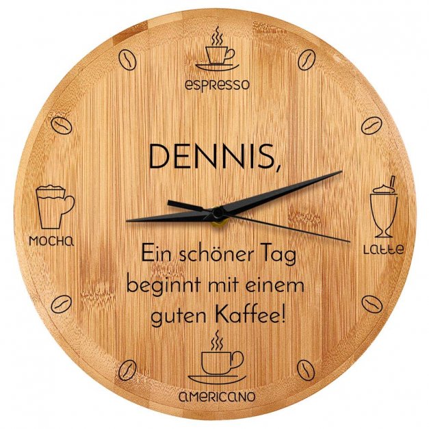Bambus Wanduhr mit Aufdruck für einen Kaffeeliebhaber