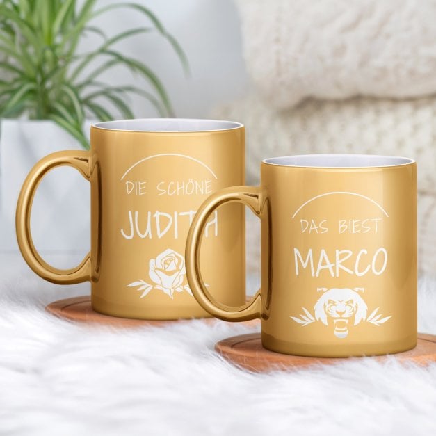 2 Kaffeebecher mit Gravur Gold/Glänzend für ein Paar zur Hochzeit zum Jahrestag zum Einzug