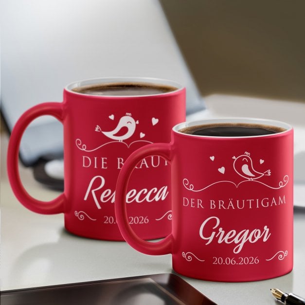 2 Keramikbecher mit Gravur Rot/Matt für ein Brautpaar zur Hochzeit
