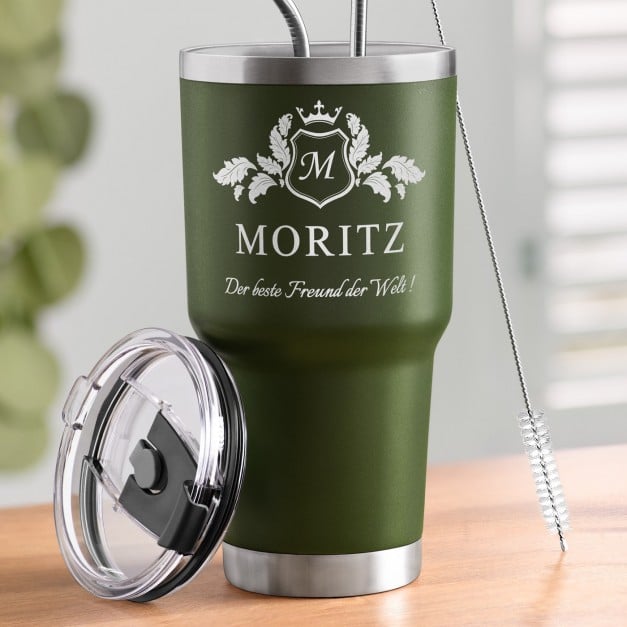 Grüner Thermobecher mit transparentem Deckel und Gravur für Ihren Freund