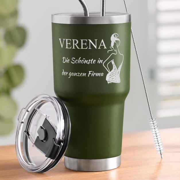 Grüner Thermobecher mit transparentem Deckel und Gravur für sie Ihre Mitarbeiterin Sekretärin zum Ehrentag