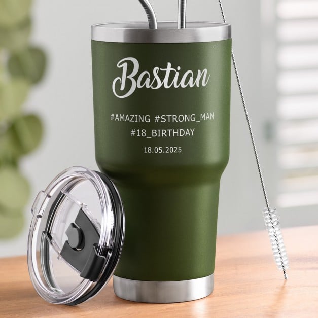 Grüner Thermobecher mit transparentem Deckel und Gravur für ihn zum 18. Geburtstag
