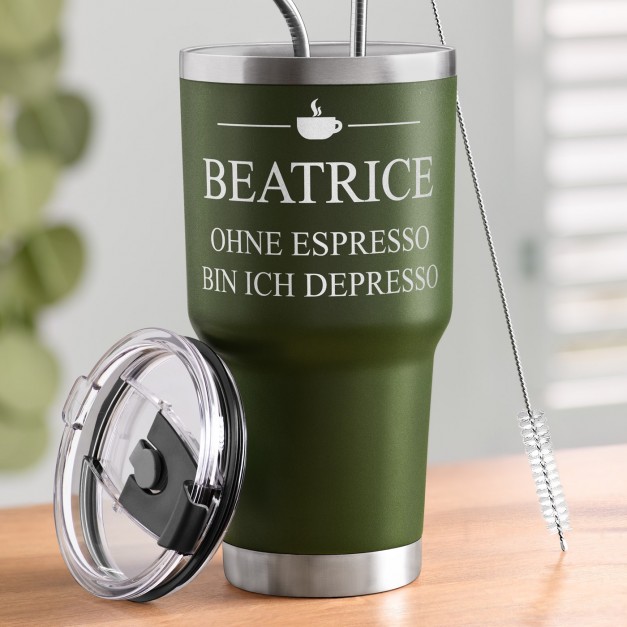 Grüner Thermobecher mit transparentem Deckel und Gravur für sie zum Ehrentag Espresso