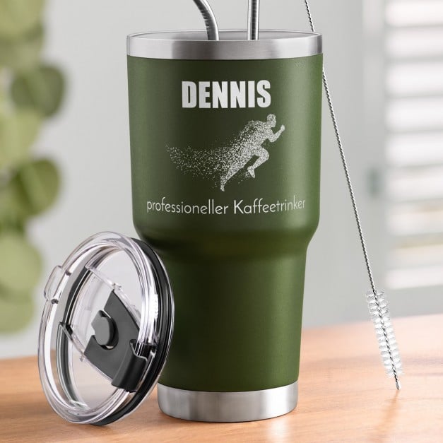 Grüner Thermobecher mit transparentem Deckel und Gravur für Ihren Freund einen Jogger zum Ehrentag