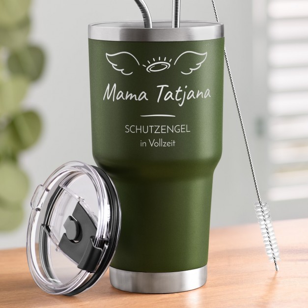 Grüner Thermobecher mit transparentem Deckel und Gravur für Ihre Mutter