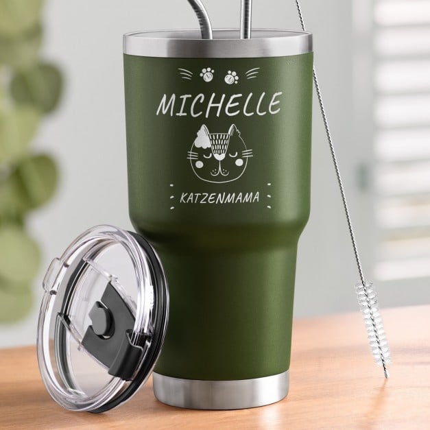 Grüner Thermobecher mit transparentem Deckel und Gravur für eine Katzenmutti 
