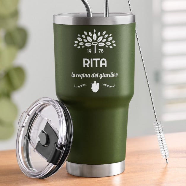 Grüner Thermobecher mit transparentem Deckel und Gravur für sie eine Hobbygärtnerin zum Geburtstag