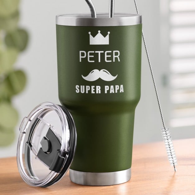 Grüner Thermobecher mit transparentem Deckel und Gravur für Ihren Papa