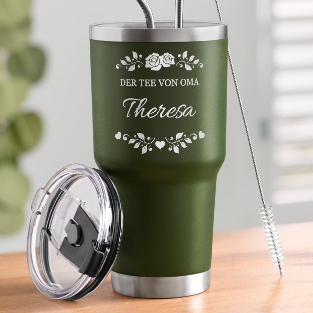 Grüner Thermobecher mit transparentem Deckel und Gravur für Ihre Großmutti zum Ehrentag