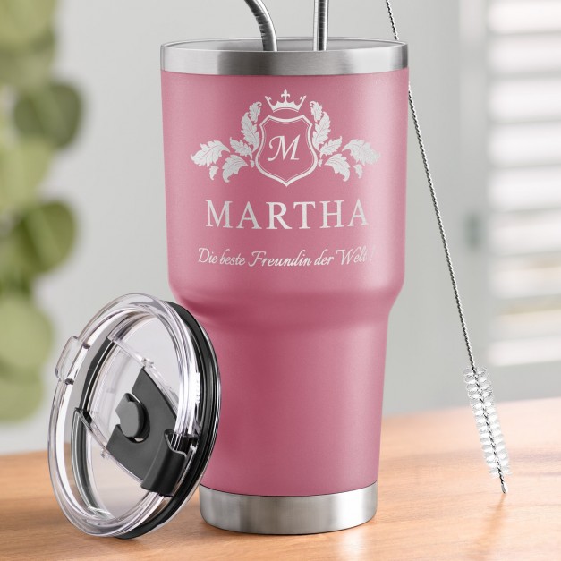 Pink Thermobecher mit transparentem Deckel und Gravur für Ihre Freundin