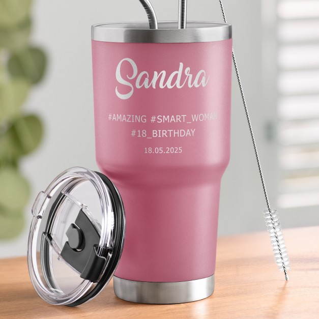 Pink Thermobecher mit transparentem Deckel und Gravur für sie zum 18. Geburtstag