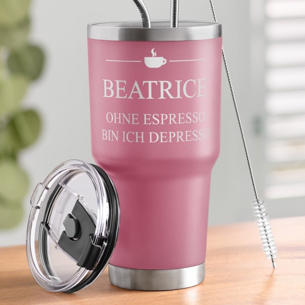 Pink Thermobecher mit transparentem Deckel und Gravur für eine Frau