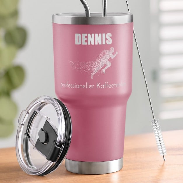 Pink Thermobecher mit transparentem Deckel und Gravur für einen Jogger zum Ehrentag Valentinstag