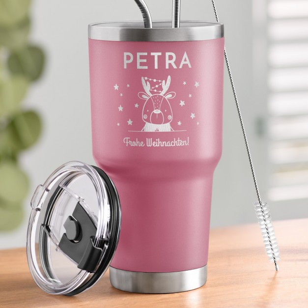 Pink Thermobecher mit transparentem Deckel und Gravur für sie zu Weihnachten