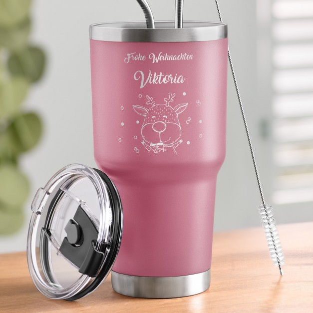 Pink Thermobecher mit transparentem Deckel und Gravur für sie zur Weihnachtsfeier