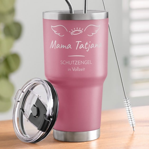 Pink Thermobecher mit transparentem Deckel und Gravur für Ihre Mutter