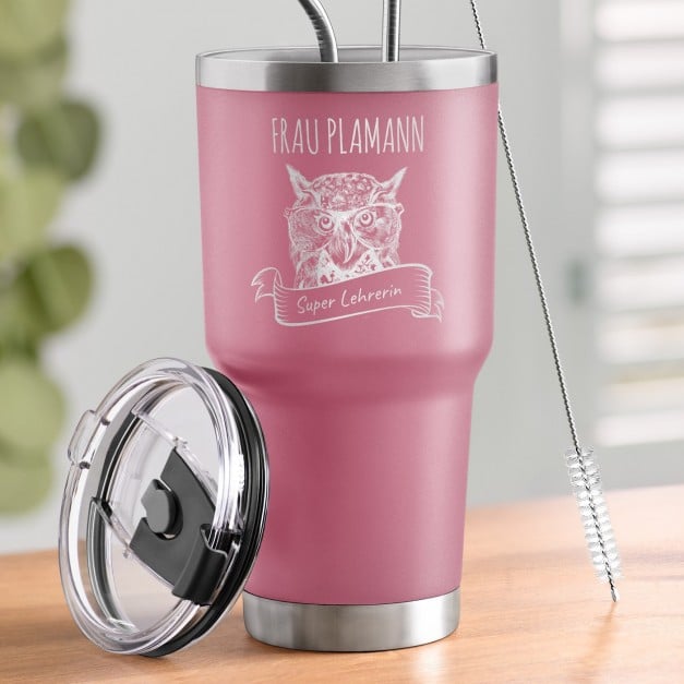 Pink Thermobecher mit transparentem Deckel und Gravur für Ihre Lehrerin Klassenlehrerin
