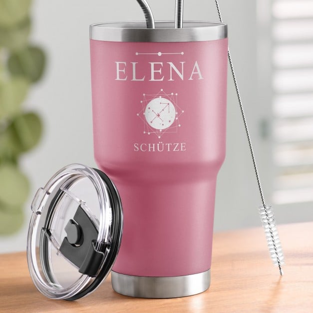 Pink Thermobecher mit transparentem Deckel und Gravur für sie zum Ehrentag Sternzeichen