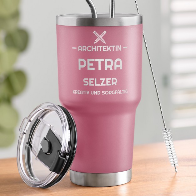 Pink Thermobecher mit transparentem Deckel und Gravur für eine Architektin zum Ehrentag zur Beförerung