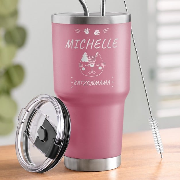 Pink Thermobecher mit transparentem Deckel und Gravur für eine Katzenmutti 