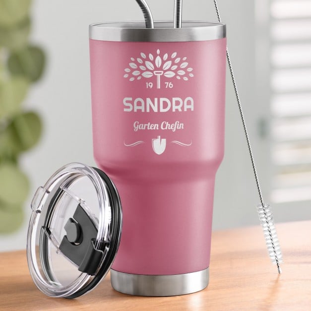 Pink Thermobecher mit transparentem Deckel und Gravur  für eine Hobbygärtnerin zum Geburtstag