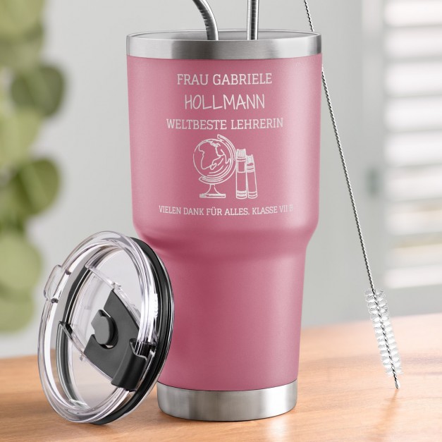 Pink Thermobecher mit transparentem Deckel und Gravur für eine Lehrerin Klassenlehrerin zum Lehrertag