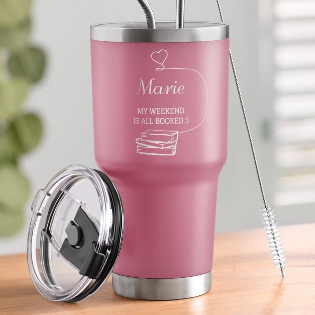 Pink Thermobecher mit transparentem Deckel und Gravur für einen Bücherwurm Ihre Freundin Ehefrau Schriftstellerin zum Ehrentag V