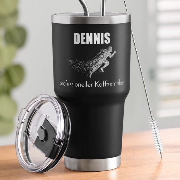Schwarzer Thermobecher mit transparentem Deckel und Gravur für Ihren Freund einen Jogger zum Ehrentag
