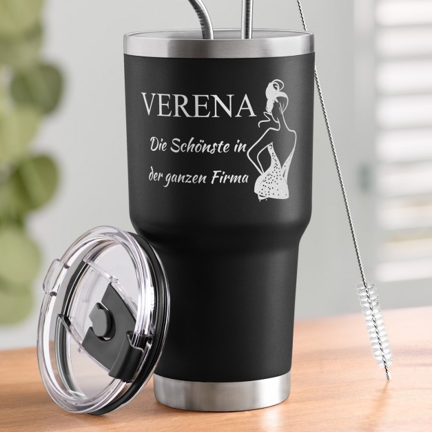 Schwarzer Thermobecher mit transparentem Deckel und Gravur für sie Ihre Mitarbeiterin Sekretärin zum Ehrentag