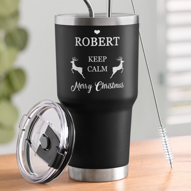 Schwarzer Thermobecher mit transparentem Deckel und Gravur für ihn Christmas