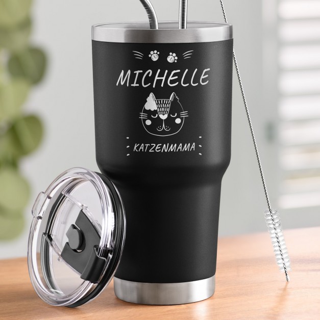 Schwarzer Thermobecher mit transparentem Deckel und Gravur für ein Mädchen eine Katzenmutti