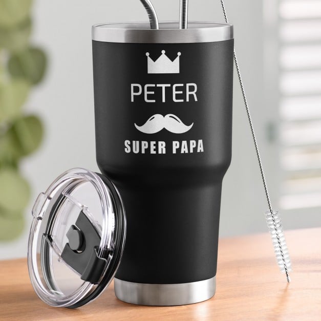 Schwarzer Thermobecher mit transparentem Deckel und Gravur für Ihren Papa