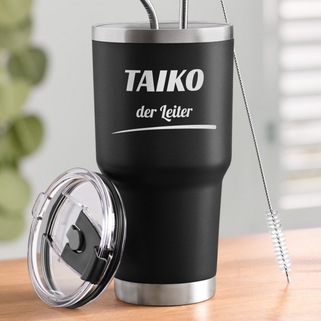 Schwarzer Thermobecher mit transparentem Deckel und Gravur für Ihren Abteilungsleiter Chef zum Ehrentag