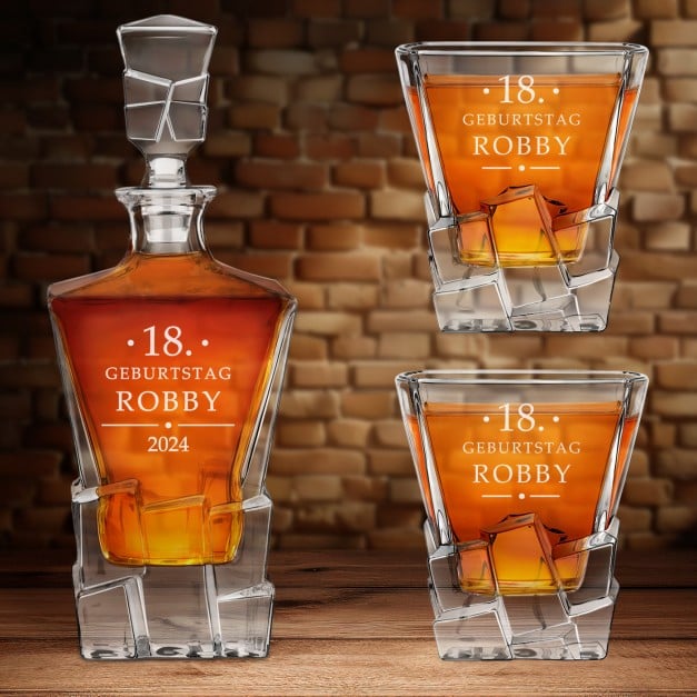Ice Blink Whisky Karaffe mit 2 Gläsern und Gravur zum 18. Geburtstag