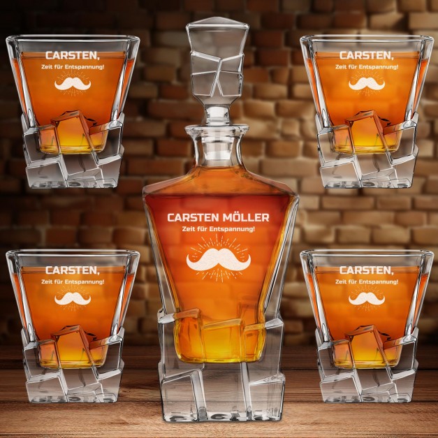 Ice Blink Karaffe mit 4 Gläsern und Gravur für einen Rentner Gentleman zum Jubiläum