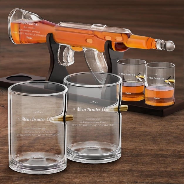 Whisky Karaffe in Gewehrform mit 4 Gläsern mit Gravur für Ihren Bruder zum Jubiläum