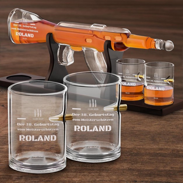 Whisky Karaffe in Gewehrform mit 4 Gläsern mit Gravur für Ihren Freund zum 18. Geburtstag