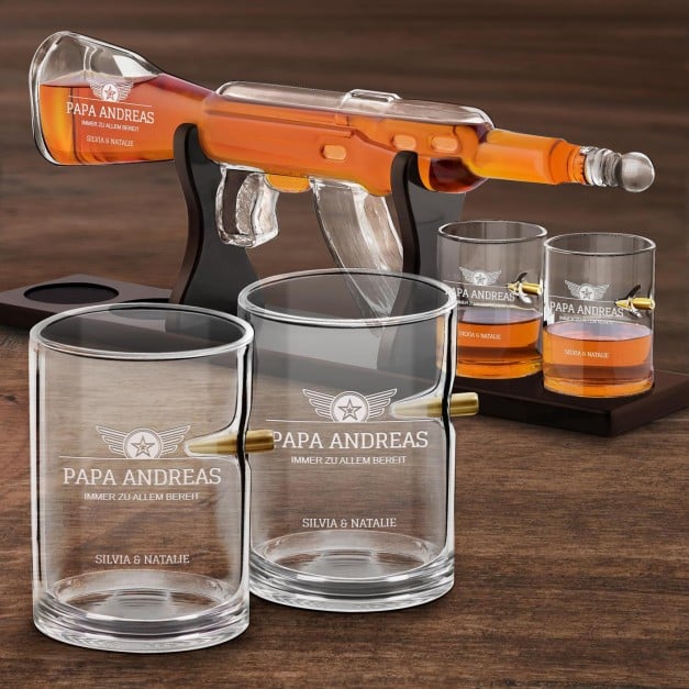 Whisky Karaffe in Gewehrform mit 4 Gläsern mit Gravur für Ihren Papa